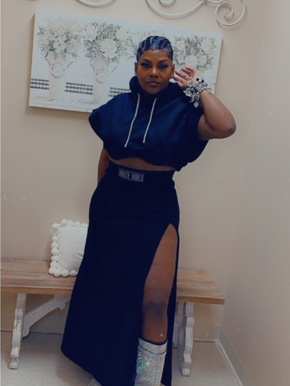Black Maxi hooded  Skirt set with High Side Slit